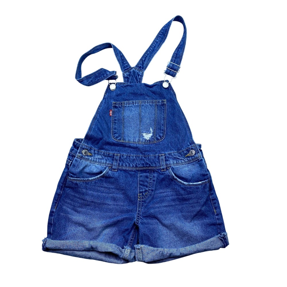 Levi's Denim Shortall Overalls Distressed Ripped Blue Jean Cuffed Shorts Sz 12R